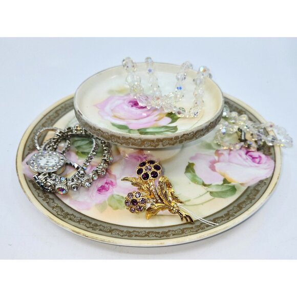 RS Appetizer Tray/Jewelry Stand, Decorative Accent Victorian Roses, Porcelain - Picture 1 of 7